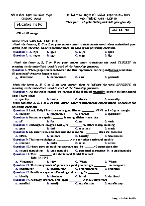 Đề kiểm tra học kỳ I môn Tiếng Anh Lớp 10 - Mã đề 501 - Năm học 2018-2019 - Sở giáo dục và đào tạo Quảng Nam